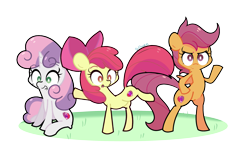 Size: 2500x1500 | Tagged: safe, artist:turtlefarminguy, apple bloom, scootaloo, sweetie belle, earth pony, pegasus, pony, unicorn, crusaders of the lost mark, bipedal, cutie mark, cutie mark crusaders, female, filly, open mouth, raised hoof, raised leg, simple background, sitting, the cmc's cutie marks, transparent background