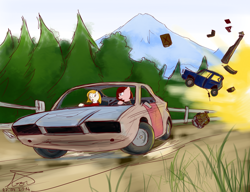 Size: 2600x2000 | Tagged: safe, artist:apocheck13, oc, oc only, car, driving, explosion, flatout