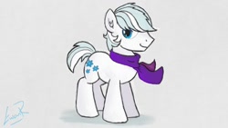 Size: 800x450 | Tagged: safe, artist:thewintercolt, double diamond, earth pony, pony, clothes, cute, daaaaaaaaaaaw, double dawwmond, looking at you, male, scarf, simple background, smiling, solo, stallion