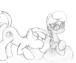 Size: 500x415 | Tagged: safe, artist:mlp-pregnancy-is-magic, silver spoon, strike, cute, eyes closed, female, kissing, male, monochrome, mother spoon, nuzzling, older, pregnant, prone, shipping, silverstrike, smiling, straight, traditional art