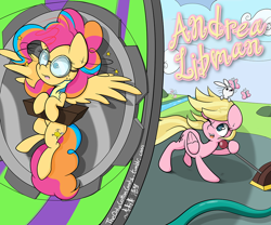 Size: 1000x833 | Tagged: safe, artist:lightningnickel, oc, oc only, oc:golden gates, butterfly, rabbit, andrea libman, babscon, babscon mascots, circling stars, dizzitron, dizzy