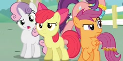 Size: 1348x674 | Tagged: safe, screencap, apple bloom, scootaloo, spoiled rich, sweetie belle, crusaders of the lost mark, confused, cutie mark crusaders, insulted, raised eyebrow