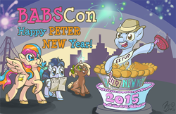 Size: 600x388 | Tagged: safe, artist:flavinbagel, oc, oc only, oc:copper chip, oc:golden gates, oc:silver span, babscon, babscon mascots, cake, eeyup, fireworks, new year, peter new