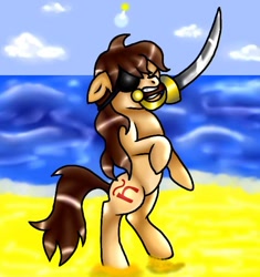 Size: 564x600 | Tagged: artist needed, safe, oc, oc only, oc:maría teresa de los ponyos paguetti, beach, eyepatch, pirate, solo, sword