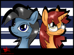 Size: 1373x1030 | Tagged: safe, artist:unitoone, oc, oc only, oc:holly diver, oc:miss spelling, pegasus, pony, unicorn, fanfic:the ballad of twilight sparkle, bust, duo, duo female, fanfic art, female, glasses, mare, portrait