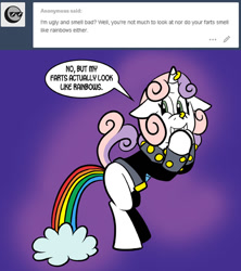 Size: 576x648 | Tagged: safe, artist:pembroke, sweetie belle, dialogue, fart, meanie belle, rainbow, rainbow fart, smiling, solo