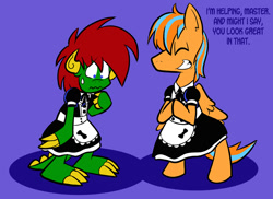 Size: 792x576 | Tagged: safe, artist:pembroke, oc, oc only, oc:cold front, oc:pembroke w. korgi, pony, clothes, crossdressing, dialogue, dress, maid, male, master, non-mlp oc, smiling, stallion