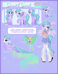 Size: 3060x3920 | Tagged: safe, artist:centchi, oc, oc only, oc:selene, oc:sleepy skies, moth, pegasus, pony, equestria girls, clothes, equestria girls-ified, pet, pet oc, ponied up, reference sheet, skirt, solo