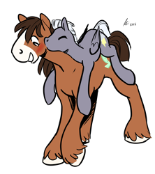 Size: 1242x1398 | Tagged: safe, artist:rwl, thunderlane, trouble shoes, earth pony, pegasus, pony, blushing, carrying, crack shipping, eyes closed, gay, kiss on the cheek, kissing, male, ponies riding ponies, raised hoof, shipping, simple background, smiling, stallion, thundershoes, white background