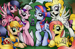 Size: 1205x784 | Tagged: safe, artist:ponygoddess, applejack (g1), firefly, posey, sparkler (g1), spike, surprise, twilight, dragon, g1, g1 six, g1 to g4, generation leap, question mark, watermark