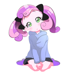 Size: 1000x1000 | Tagged: safe, artist:quizia, sweetie belle, human, anime, clothes, cute, diasweetes, hoodie, humanized, looking at you, quizia is trying to murder us, skirt, solo, style emulation