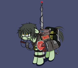 Size: 1490x1300 | Tagged: safe, artist:fullmetalpikmin, oc, oc only, oc:muckraker, fallout equestria, fallout equestria: the things we've handed down, antenna, floppy ears, frown, lidded eyes, microphone, missile, radio, radio tower, rocket launcher, stop sign, tired, unamused