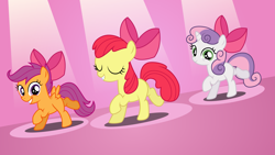 Size: 6899x3884 | Tagged: safe, artist:illumnious, apple bloom, scootaloo, sweetie belle, somepony to watch over me, absurd resolution, adorabloom, apple bloom's bow, bow, cute, cutealoo, cutie mark crusaders, diasweetes, hair bow, vector