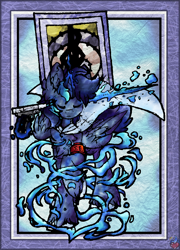 Size: 768x1068 | Tagged: safe, artist:iroxykun, oc, oc only, alicorn, pony, alicorn oc, aura, card, commission, crossover, gun, horn, magic, male, persona, tarot card, the hanged man, weapon, wings