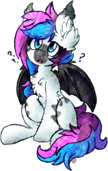 Size: 2314x3667 | Tagged: safe, artist:iroxykun, oc, oc only, bat pony, pony, confused, female, question mark, wings