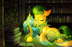 Size: 5100x3300 | Tagged: safe, artist:starshinebeast, oc, oc only, oc:avalon, oc:echo, changeling, pony, unicorn, book, changeling oc, equestria2101, female, interspecies, kissing, library, love, magic, male, oc x oc, shipping, sparkles, straight