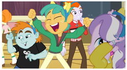 Size: 1510x837 | Tagged: safe, screencap, diamond tiara, heath burns, scribble dee, snails, snips, equestria girls, friendship games, background human, club can't handle me, dancing, end credits, eyes closed, right there in front of me, smiling, spoiler