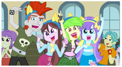 Size: 1511x836 | Tagged: safe, screencap, aqua blossom, brawly beats, cherry crash, crimson napalm, ringo, starlight, velvet sky, equestria girls, friendship games, background human, devil horn (gesture), faic, right there in front of me, rocker, smiling, tongue out