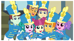 Size: 1513x841 | Tagged: safe, screencap, azura, majorette, equestria girls, friendship games, background human, chip labiatae, clothes, cute, faic, group photo, happy, hat, marching band, marching band uniform, shako, smiling, uniform