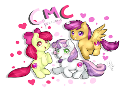 Size: 2271x1625 | Tagged: safe, artist:pillonchou, apple bloom, scootaloo, sweetie belle, crusaders of the lost mark, cutie mark, cutie mark crusaders, heart, it happened, looking at you, open mouth, signature, the cmc's cutie marks, trio