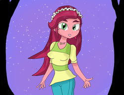 Size: 4244x3274 | Tagged: safe, artist:mildockart, gloriosa daisy, equestria girls, legend of everfree, absurd resolution, clothes, flower, flower in hair, freckles, geode of fauna, geode of shielding, geode of sugar bombs, geode of super speed, geode of super strength, looking at you, magical geodes, shorts, solo