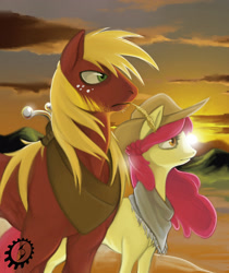 Size: 2953x3508 | Tagged: safe, artist:blackrunewarlock, apple bloom, big macintosh, earth pony, pony, clothes, frown, male, older, scarf, stallion, sunset