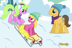 Size: 1372x925 | Tagged: safe, screencap, caramel, cherry berry, daisy, flower wishes, pony, tanks for the memories, background pony, cap, clothes, discovery family logo, earmuffs, hat, scarf, sled