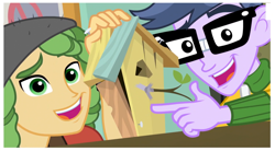 Size: 1513x838 | Tagged: safe, screencap, microchips, sandalwood, equestria girls, friendship games, bird house, photo, smiling