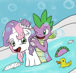 Size: 798x770 | Tagged: artist needed, safe, spike, sweetie belle, dragon, bath, bathing, bathtub, bubble, female, male, shipping, spikebelle, straight