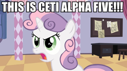 Size: 960x540 | Tagged: safe, screencap, sweetie belle, ceti alpha 5, image macro, meme, solo, star trek, star trek ii: the wrath of khan