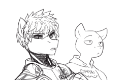 Size: 1280x808 | Tagged: safe, artist:maccoffee, cyborg, genos, monochrome, one punch man, oppai hoodie, ponified, saitama