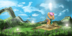 Size: 8000x4000 | Tagged: safe, artist:fuzzyfox11, scootaloo, absurd resolution, clothes, portal, scarf, scenery, solo, technology