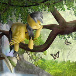 Size: 900x900 | Tagged: safe, artist:chanceyb, daring do, butterfly, jungle, sleeping, solo, tree