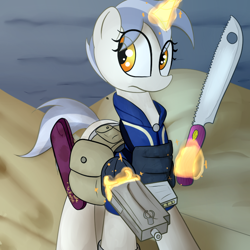 Size: 700x700 | Tagged: safe, artist:datte-before-dawn, derpibooru exclusive, oc, oc only, oc:leaky faucet, pony, unicorn, fallout equestria, fallout equestria: the things we've handed down, desert, gun, levitation, machete, magic, pipbuck, pistol, saddle bag, solo, telekinesis