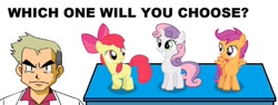 Size: 960x366 | Tagged: safe, apple bloom, scootaloo, sweetie belle, crossover, cutie mark crusaders, nintendo, parody, pokémon, professor oak, question, smiling