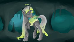 Size: 3840x2160 | Tagged: safe, artist:zonalar, oc, oc only, oc:queen sunshade, changeling, changeling queen, changeling queen oc, female, heart eyes, solo, wingding eyes, yellow changeling