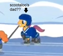 Size: 775x691 | Tagged: safe, screencap, scootaloo, tanks for the memories, caption, forecheck, harsher in hindsight, helmet, hockey, hockey stick, ice hockey, ice skates, image macro, male, mouth hold, needs more jpeg, scootadad, scootaloo's parents, solo focus, stallion, text