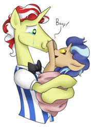 Size: 606x837 | Tagged: safe, artist:susiebeeca, flim, oc, oc:hesperides loophole apple, pony, baby, baby pony, boop, crying, fanfic art, father and child, father and daughter, foal, male, offspring, parent and child, parent:applejack, parent:flim, parents:flimjack, tears of joy