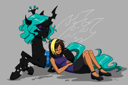 Size: 3424x2272 | Tagged: safe, artist:valkyrie-girl, oc, oc only, oc:ebony, oc:jessica, changeling, changeling queen, human, fanfic:a voice among the strangers, changeling queen oc, female, sleeping