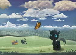 Size: 1755x1275 | Tagged: safe, artist:genbulein, dinky hooves, oc, oc:mayari, oc:tala, butterfly, changeling, nymph, pony, unicorn, fanfic:a voice among the strangers, cute, foal, meadow, outdoors, scenery, sky