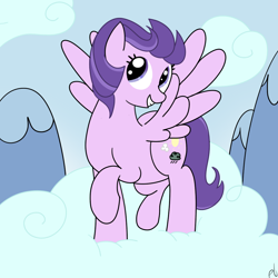 Size: 1000x1000 | Tagged: safe, clear skies, pony, tanks for the memories, background pony, cloud, cute, female, mountain, sky, smiling, solo, wings