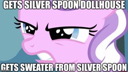 Size: 640x360 | Tagged: safe, edit, edited screencap, screencap, diamond tiara, ponyville confidential, angry, image macro, meme, solo