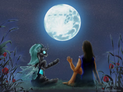 Size: 1400x1050 | Tagged: safe, artist:crux9011, oc, oc only, oc:ebony, oc:jessica, changeling, changeling queen, human, fanfic:a voice among the strangers, changeling queen oc, fanfic art, fanfic cover, female, mare in the moon, moon, night, outdoors