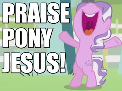 Size: 800x600 | Tagged: safe, screencap, diamond tiara, pony, crusaders of the lost mark, bipedal, caption, christianity, excited, happy, image macro, implied twilight sparkle, jesus christ, looking up, meme, open mouth, raised hoof, religion, solo, volumetric mouth, yelling