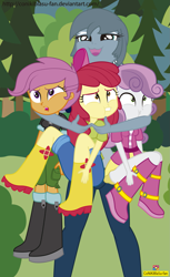 Size: 1137x1861 | Tagged: safe, artist:conikiblasu-fan, apple bloom, gabby, scootaloo, sweetie belle, equestria girls, the fault in our cutie marks, boots, bow, clothes, cutie mark crusaders, equestria girls interpretation, equestria girls-ified, hoodie, hug, open mouth, pants, pouting, scene interpretation, shoes, shorts, skirt, this will end in pain, tight
