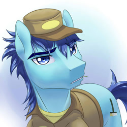 Size: 720x720 | Tagged: safe, artist:tarenest, earth pony, pony, bloom and gloom, clothes, cute, deep clean, hat, janitor, looking at you, male, shirt, stallion, undershirt, uniform