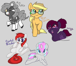 Size: 1280x1099 | Tagged: safe, artist:mt, oc, oc only, oc:crystal brookes, oc:kirking, oc:knoeki, oc:minituffs, oc:paige, earth pony, pegasus, pony, unicorn, zebra, amputee, blushing, disembodied hand, glasses, hand, knoeki, legless, petting, wingding eyes