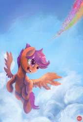 Size: 2408x3536 | Tagged: safe, artist:lukeine, scootaloo, cloud, eye reflection, flying, implied rainbow dash, rainbow trail, reflection, scootaloo can fly, sky, solo