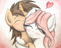 Size: 1024x815 | Tagged: safe, artist:thefriendlyelephant, oc, oc only, oc:angelic grace (a.k.a bliss), oc:digital sketch, oc:whooves, pegasus, pony, unicorn, :3, cute, heart, hug, shipping, traditional art