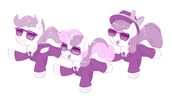 Size: 1280x753 | Tagged: safe, artist:dstears, apple bloom, scootaloo, sweetie belle, clothes, crossover, cutie mark crusaders, elite beat agents, monochrome, rhythm game, suit, sunglasses